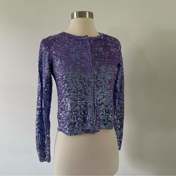 Bloomingdale’s  100% Silk Sequins Purple Cardigan Sweater - Picture 1 of 8